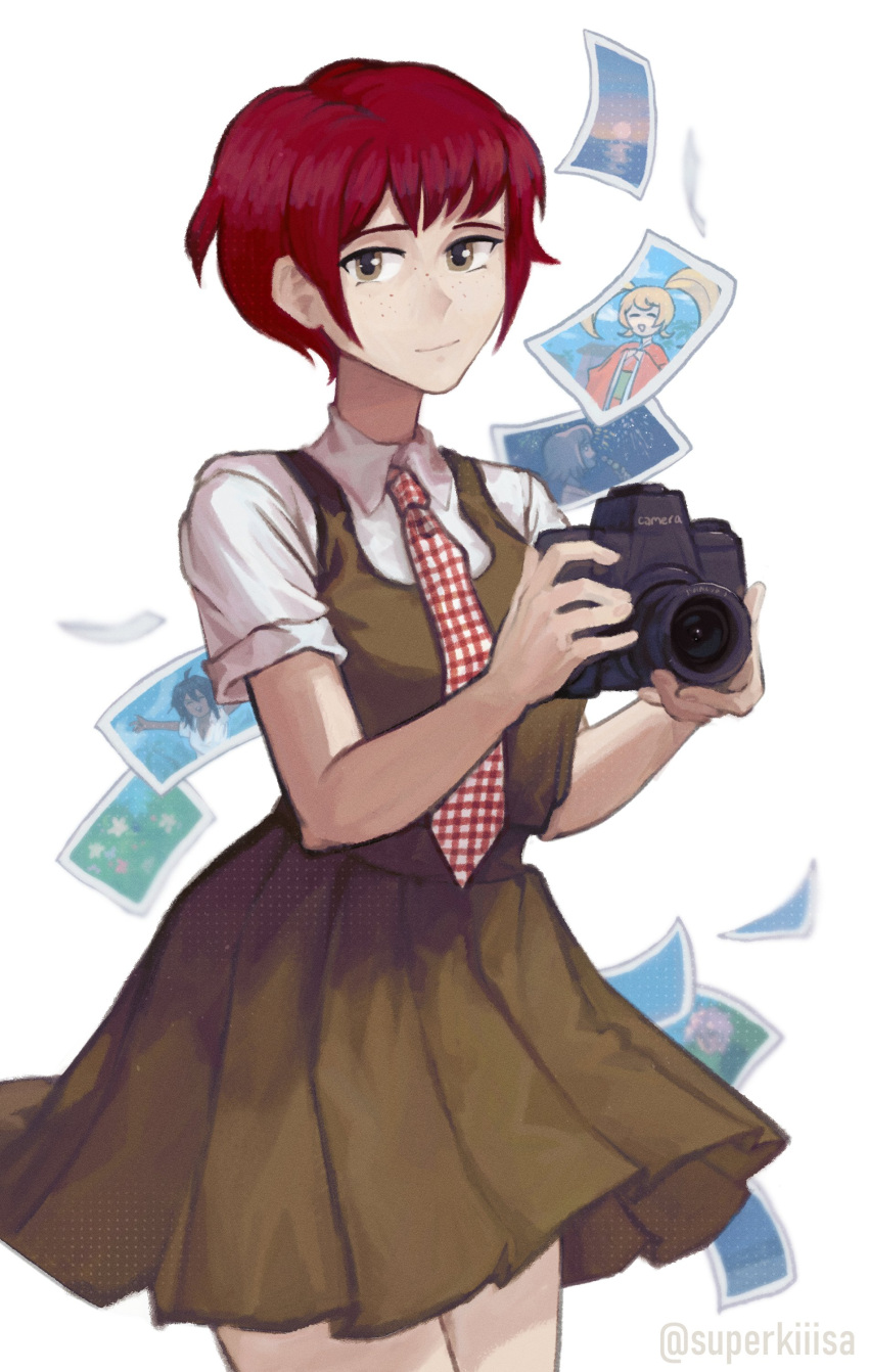 1girl absurdres bangs camera commentary danganronpa_(series) danganronpa_2:_goodbye_despair dress english_commentary freckles green_dress grey_shirt highres holding holding_camera koizumi_mahiru komaeda_nagito lily_(superkiiisa) nanami_chiaki necktie owari_akane photo_(object) pinafore_dress plaid_necktie red_hair red_necktie saionji_hiyoko shirt short_hair short_sleeves smile solo twitter_username watermark white_necktie