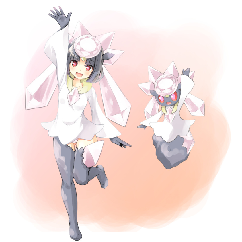 1girl :d arm_up bangs blush collarbone creature_and_personification diamond_(shape) diancie eyebrows_visible_through_hair full_body gloves grey_gloves grey_legwear hat highres leg_up long_sleeves looking_at_viewer open_mouth panties personification pink_headwear pokemon pokemon_(creature) red_eyes shirt smile standing standing_on_one_leg tenjou_ryuka thighhighs tongue underwear white_shirt