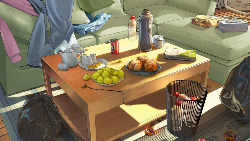 book bottle bread can chinese_commentary commentary_request couch crushed_can cup english_text food fruit gooseberry lemon no_humans original pants pillow plate scenery shade shadow soda soda_can sunlight table teapot tissue tissue_box trash_bag trash_can xingzhi_lv