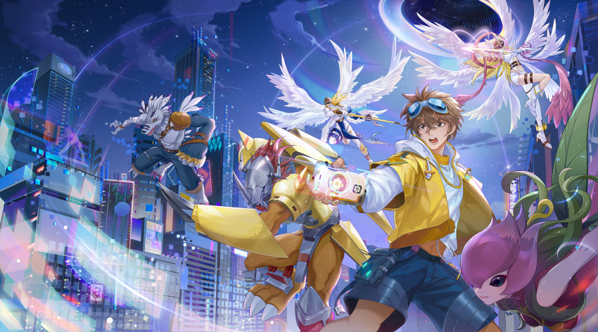2girls 4boys aiming angel_wings angemon angewomon anklet armor arrow_(projectile) asymmetrical_clothes bangs bare_shoulders belt black_belt blonde_hair blue_shorts bodysuit boots breasts brown_eyes brown_hair building cityscape claws clenched_hand cloud commentary covered_eyes cowboy_shot digimon digimon_(creature) drawstring dress elbow_gloves eyebrows_visible_through_hair fangs feathered_wings floating floating_hair flower full_body furry furry_male gloves goggles goggles_on_head green_eyes hagoromo hair_between_eyes hat helmet high_heel_boots high_heels highres holding holding_arrow holding_staff holy_ring hood hood_down hooded_jacket horns jacket jewelry knee_boots large_breasts leaf_wings lillymon long_hair long_sleeves looking_to_the_side multiple_boys multiple_girls multiple_wings navel night o-ring_belt open_clothes open_jacket open_mouth outdoors pink_dress plant red_eyes red_hair shawl shirt short_hair shorts sidelocks single_knee_boot sky skyscraper staff standing star_(sky) starry_sky teeth thigh_strap vines wargreymon weregarurumon white_bodysuit white_footwear white_shirt winged_helmet wings wrist_wings xing_she_(ttat) yellow_armor yellow_jacket zipper