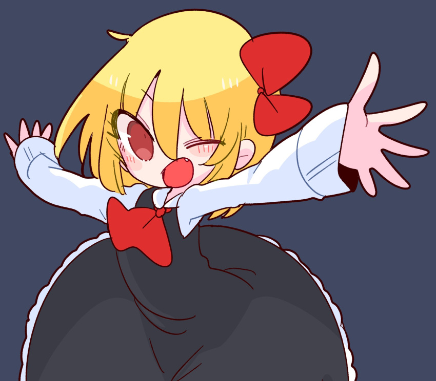 1girl ascot black_dress blonde_hair collared_shirt dress grey_background hair_ribbon highres one_eye_closed op_na_yarou outstretched_arms pinafore_dress red_ascot red_eyes red_ribbon ribbon rumia shirt short_hair simple_background smile solo spread_arms touhou white_shirt