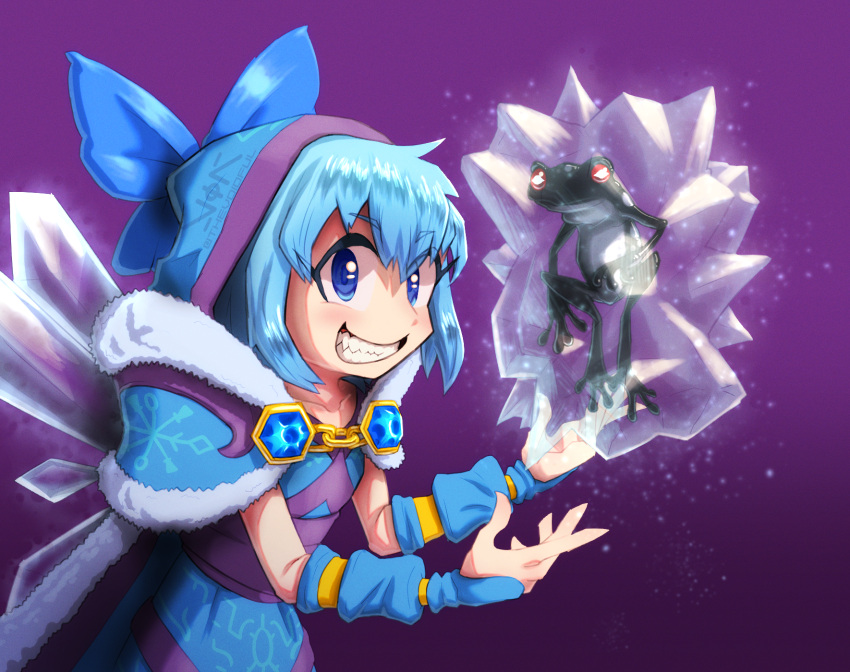 1girl animal armor bangs blue_bow blue_cape blue_dress blue_eyes blue_hair bow cape cirno cosplay crossover crystal_maiden crystal_maiden_(cosplay) dota_(series) dota_2 dress frog frozen_frog gauntlets grin hair_bow highres ice ice_wings looking_at_viewer open_mouth pauldrons power_connection pun purple_background red_eyes short_hair shoulder_armor smile solo teeth thevoidful touhou wings