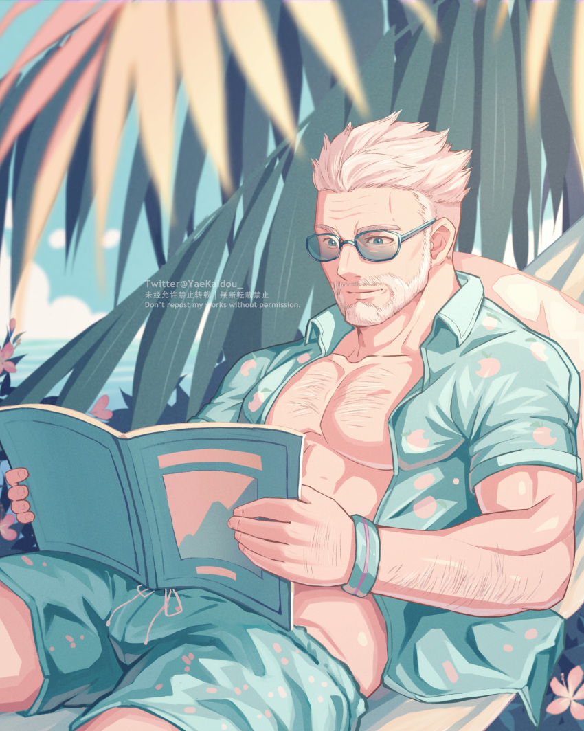 1boy absurdres alternate_costume aqua_eyes aqua_shirt arm_hair bara beard blue_male_swimwear book branch chest_hair collared_shirt facial_hair fate/grand_order fate_(series) hairy hawaiian_shirt highres holding holding_book looking_down male_focus male_swimwear mature_male muscular muscular_male old old_man open_book open_clothes open_magazine open_shirt pectoral_cleavage pectorals shirt short_hair solo summer sunglasses swim_trunks upper_body white_hair william_tell_(fate) yaosan233