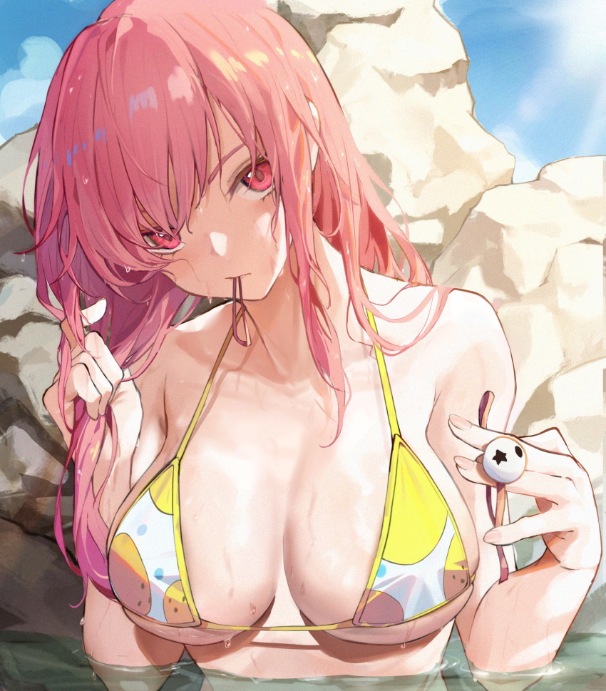 1girl alternate_hairstyle azur_lane bare_arms bare_shoulders bikini bikini_top blue_sky blush breasts chinese_commentary cleavage closed_mouth cloud collarbone commentary_request day dead_or_alive hair_down hair_tie hair_tie_in_mouth highres holding honoka_(doa) honoka_(summer_angel_on_the_shore)_(doa) large_breasts long_hair looking_at_viewer luobo_(nsnr8754) mouth_hold outdoors partially_submerged pink_eyes pink_hair revision rock sky solo star_(symbol) swimsuit two-tone_bikini tying_hair upper_body water wet wet_hair yellow_bikini