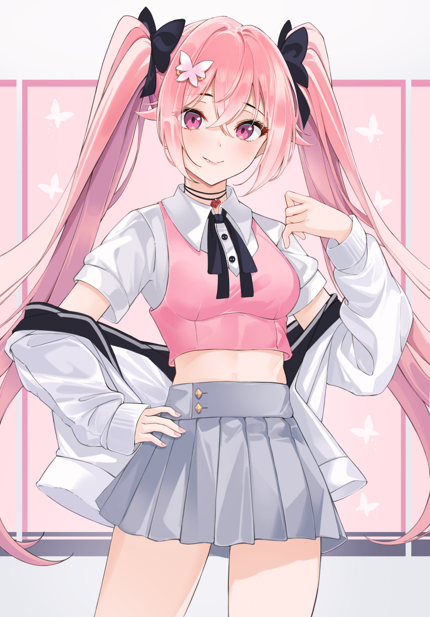 1girl absurdres bow breasts choker cowboy_shot crop_top grey_skirt hair_bow hair_ornament hand_on_hip hand_up highres indie_virtual_youtuber jacket lebring long_hair long_sleeves looking_at_viewer medium_breasts midriff miniskirt neck_ribbon off_shoulder open_clothes open_jacket pink_eyes pink_hair pink_shirt pleated_skirt ribbon ronarona shirt short_sleeves skirt sleeveless sleeveless_shirt smile solo standing thighs twintails undershirt very_long_hair virtual_youtuber white_jacket white_shirt