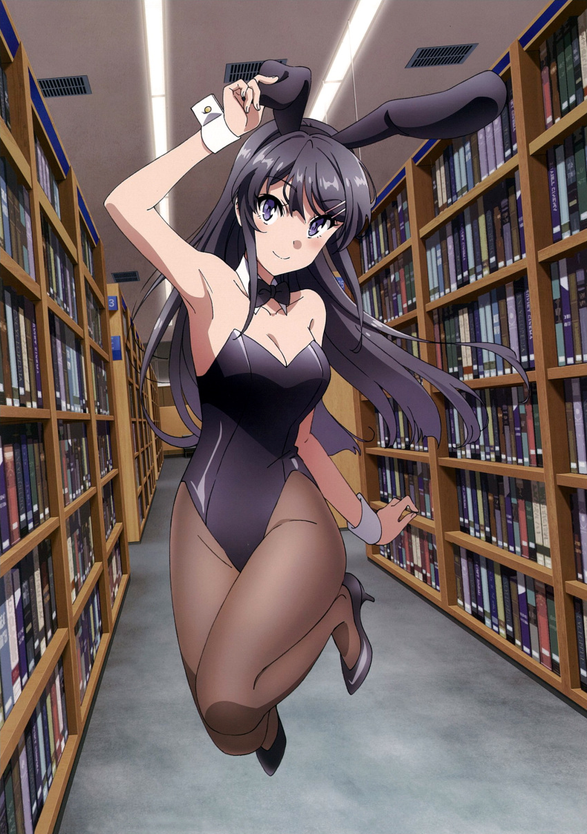 1girl animal_ears artist_request black_bow black_bowtie black_footwear black_hair black_legwear black_leotard bookshelf bow bowtie bunny_hair_ornament collar commentary_request detached_collar fake_animal_ears full_body hair_ornament high_heels highres jumping leotard library official_art pantyhose playboy_bunny purple_eyes rabbit_ears sakurajima_mai seishun_buta_yarou solo strapless strapless_leotard third-party_source white_collar wrist_cuffs