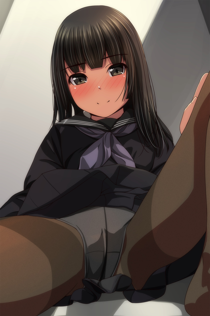 1girl absurdres bangs black_hair black_sailor_collar black_serafuku black_shirt black_skirt blush brown_eyes brown_legwear closed_mouth eyebrows_visible_through_hair feet_out_of_frame highres knee_up long_hair matsunaga_kouyou neckerchief nose_blush original panties panties_under_pantyhose pantyhose pleated_skirt purple_neckerchief sailor_collar school_uniform serafuku shirt skirt smile solo thighband_pantyhose underwear white_panties