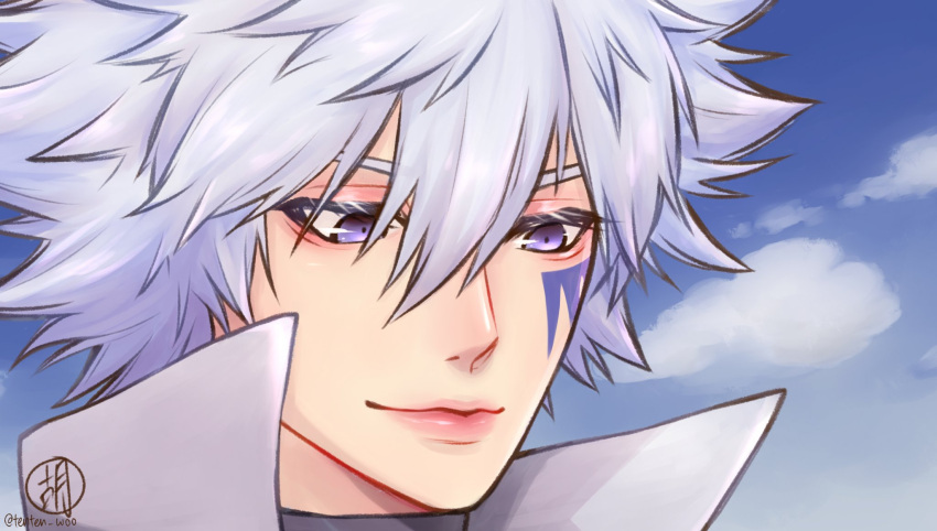 1boy blue_background blue_sky byakuran closed_mouth derivative_work hair_between_eyes high_collar highres katekyo_hitman_reborn! looking_down male_focus medium_hair mugen0017 pink_lips portrait purple_eyes purple_hair screencap_redraw signature sky smile solo spiked_hair