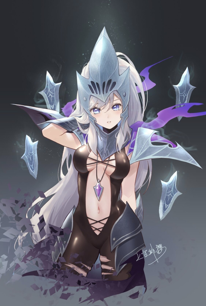 1girl :d arm_behind_head armor bangs blue_eyes breasts cape cleavage dota_(series) dota_2 floating floating_object floating_weapon gauntlets hair_between_eyes helmet highres jewelry jokanhiyou knife long_hair looking_at_viewer navel necklace open_mouth pauldrons purple_cape shoulder_armor silver_hair smile solo spectre_(dota) teeth torn_cape torn_clothes
