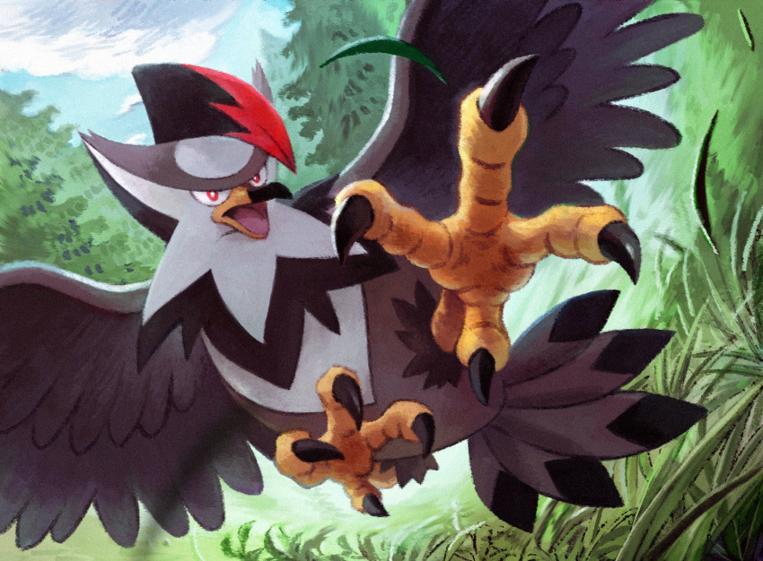 beak bird bright_pupils commentary_request day grass highres leaves_in_wind no_humans open_mouth outdoors pokemon pokemon_(creature) red_eyes solo staraptor talons tongue uninori white_pupils