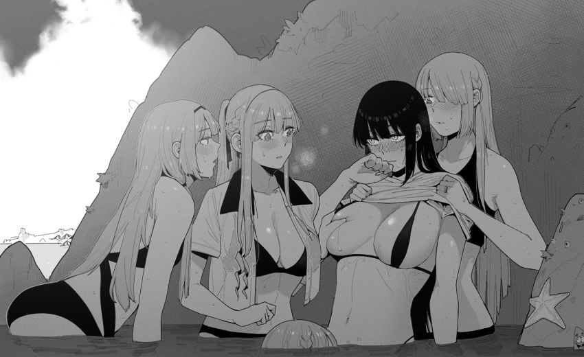 5girls ak-12_(girls'_frontline) ak-15_(girls'_frontline) an-94_(girls'_frontline) assisted_exposure bikini blush breast_squeeze breasts closed_mouth clothes_lift commentary_request female_commander_(girls'_frontline) girls'_frontline greyscale groping hair_over_one_eye harem huqu implied_cunnilingus jewelry jitome korean_commentary large_breasts leaning_forward long_hair micro_bikini monochrome multiple_girls navel one_eye_covered open_clothes open_shirt parted_lips partially_submerged patrick_star ponytail ring rpk-16_(girls'_frontline) shirt shirt_lift spongebob_squarepants swimsuit wet wet_clothes wet_shirt when_you_see_it wide-eyed yuri