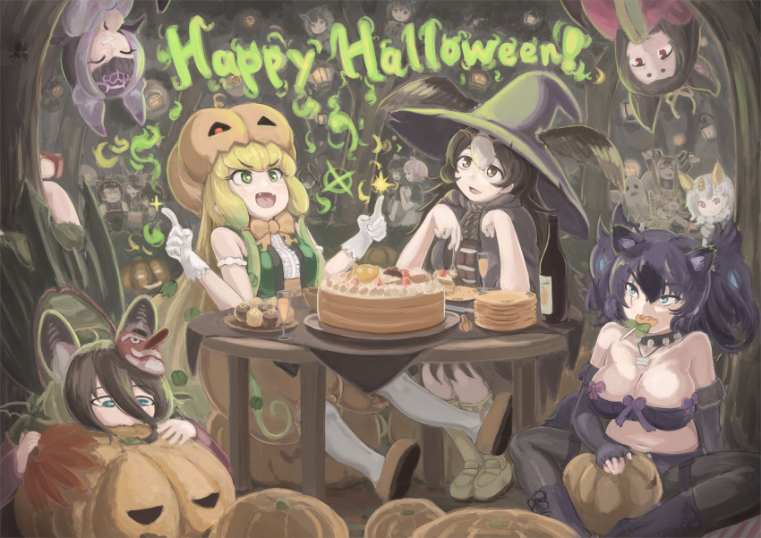 6+girls animal_ears atlantic_puffin_(kemono_friends) australian_devil_(kemono_friends) bat_ears bat_girl bat_wings big_hair bird_wings biting black_hair blackbuck_(kemono_friends) blonde_hair bone_necklace breasts brown_hair brown_long-eared_bat_(kemono_friends) bug cake candy cave cerberus_(kemono_friends) cleavage collar common_vampire_bat_(kemono_friends) dog_ears drink eurasian_eagle_owl_(kemono_friends) extra_ears fangs food food_in_mouth gloves green_hair grin halloween hands_up happy_halloween hat highres hilgendorf's_tube-nose_bat_(kemono_friends) honduran_white_bat_(kemono_friends) index_finger_raised jack-o'-lantern jack-o'-lantern_(kemono_friends) jungle_crow_(kemono_friends) kemono_friends large_breasts legwear_under_shorts lollipop looking_up malayan_tapir_(kemono_friends) mouth_hold multicolored_hair multiple_girls northern_white-faced_owl_(kemono_friends) ocelot_(kemono_friends) okyao pantyhose pig_(kemono_friends) pumpkin pumpkin_hat pumpkin_pants purple_hair scar scar_across_eye scar_on_face shirt shorts sleeveless sleeveless_shirt smile spider spiked_collar spikes strapless striated_caracara_(kemono_friends) tail tasmanian_devil_(kemono_friends) tube_top two_side_up upside-down wings witch_hat