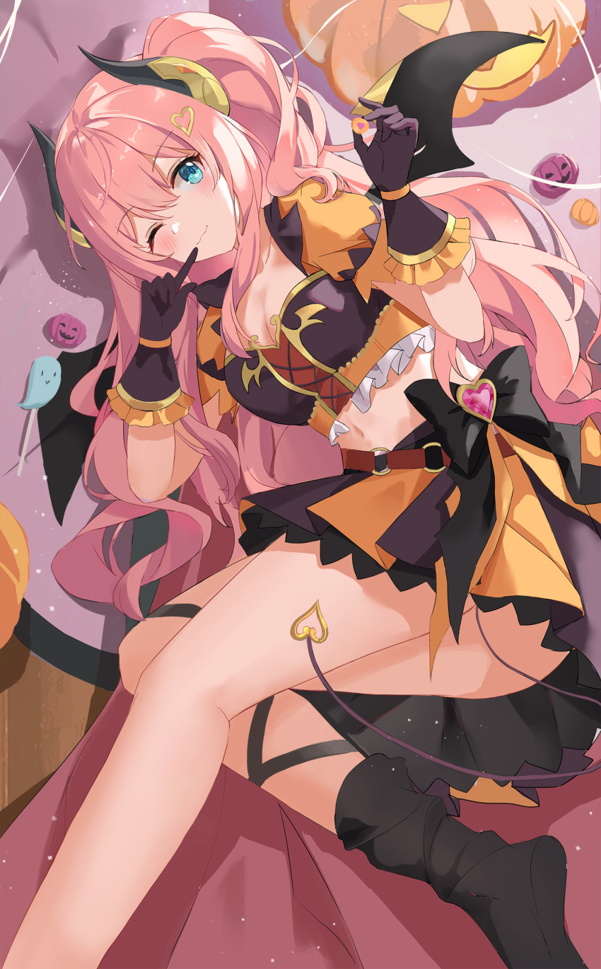 1girl absurdres bangs bat_wings belt black_bow black_legwear blue_eyes blush bow breasts candy cleavage commentary crop_top demon_tail food gloves hair_ornament halloween heart heart_hair_ornament highres horns jack-o'-lantern lollipop long_hair looking_at_viewer lying medium_breasts midriff navel o-ring on_side one_eye_closed pink_hair princess_connect! purple_gloves serika short_sleeves skirt smile socks solo suzuna_(princess_connect!) tail wings