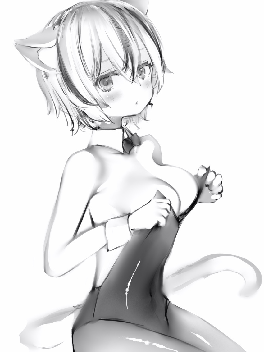 1girl adjusting_clothes adjusting_leotard animal_ears bare_shoulders bow bowtie breasts cat_ears cleavage covered_navel detached_collar from_side greyscale highres kittysuit large_breasts leotard looking_at_viewer looking_to_the_side monochrome multicolored_hair nanashi_(nlo) pantyhose short_hair simple_background sitting solo streaked_hair tail tsumugine_rei undersized_breast_cup undersized_clothes white_background wing_collar wrist_cuffs zero_project