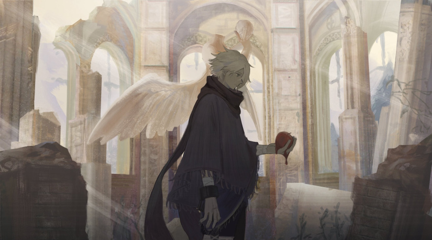 1boy bandaged_arm bandages bangs cloak closed_mouth food from_side fruit fujie-yz hair_between_eyes highres holding holding_food holding_fruit male_focus octopath_traveler pillar profile purple_cloak purple_scarf ruins scarf solo statue therion_(octopath_traveler) white_hair