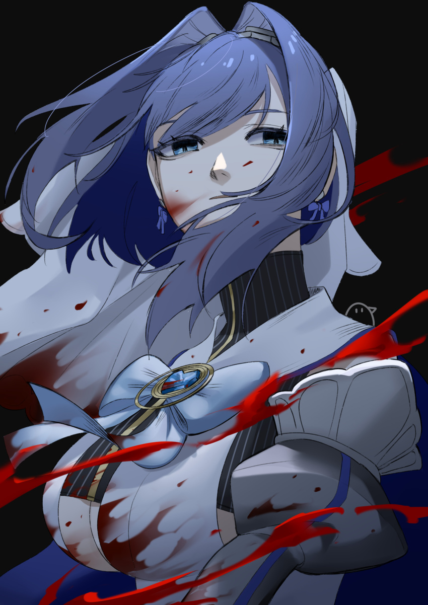 1girl absurdres black_background blood blood_in_hair blood_on_clothes blood_on_face blood_splatter blue_bow blue_eyes blue_hair bow bow_earrings bowtie breasts chain cleavage crop_top earrings hair_intakes head_chain highres hololive hololive_english jewelry large_breasts looking_up moi_(moimoi) ouro_kronii short_hair simple_background solo striped turtleneck underboob veil virtual_youtuber white_veil zipper
