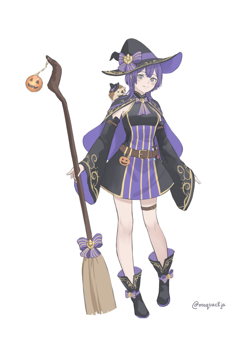 1girl bare_legs bernadetta_von_varley boots broom cape detached_sleeves fire_emblem fire_emblem:_three_houses grey_eyes halloween_costume hat highres long_sleeves moja_(moquackja) purple_hair short_hair smile solo white_background wide_sleeves witch witch_hat