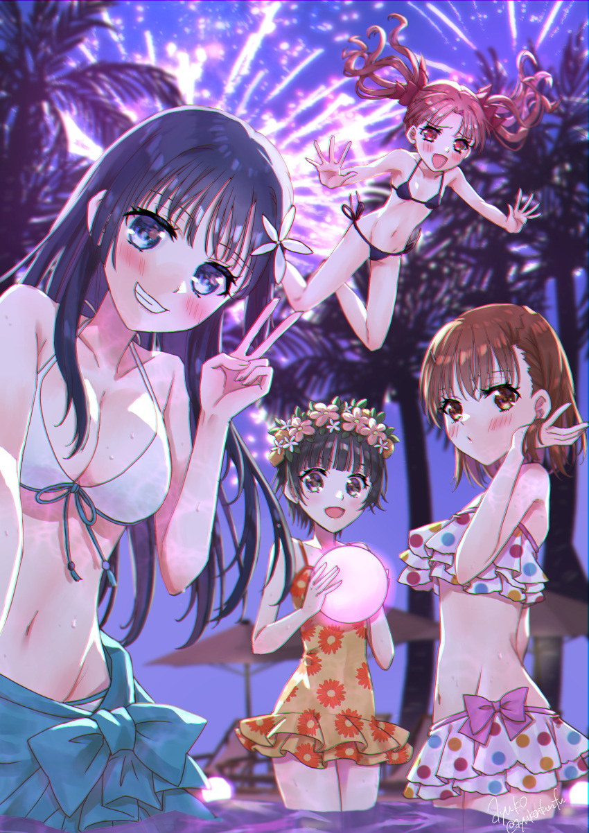 4girls absurdres ayuko_(ayuko54bornthisway) ball beach_umbrella bikini black_bikini black_hair blurry blurry_background breasts brown_eyes brown_hair casual_one-piece_swimsuit cleavage commentary_request cowboy_shot fireworks flat_chest floral_print frilled_bikini frills green_eyes grin highres jumping long_hair medium_breasts misaka_mikoto multiple_girls night one-piece_swimsuit palm_tree polka_dot polka_dot_bikini sarong saten_ruiko shirai_kuroko short_hair side-tie_bikini smile swimsuit swimsuit_skirt toaru_kagaku_no_railgun toaru_majutsu_no_index tree uiharu_kazari umbrella v wading water white_bikini yellow_swimsuit