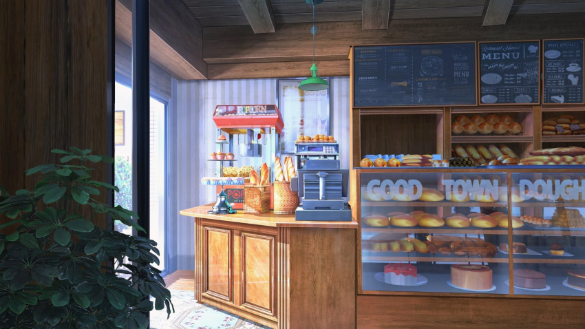 baguette bakery bread cake cash_register chinese_commentary coffee_maker_(object) commentary_request cupcake english_text food fruit highres interior lamp menu_board muffin no_humans orange_(fruit) original plant plate popcorn sausage_roll scenery shelf shop swiss_roll window xingzhi_lv