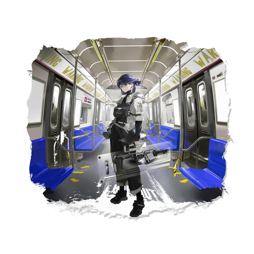 1girl andreana_(arknights) andreana_(silent_arrow)_(arknights) arknights bangs bespectacled black_footwear black_pants door full_body glasses highres holding jacket llc long_sleeves looking_at_viewer official_alternate_costume official_art pants pouch purple_eyes purple_hair shoes short_hair solo standing train_interior transparent_background white_jacket