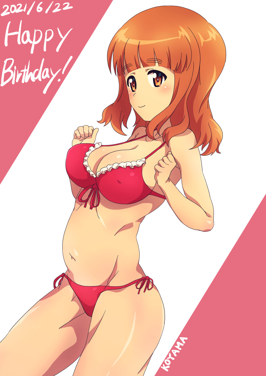 1girl 9s0ykoyama117 absurdres artist_name bangs bikini blunt_bangs breasts closed_mouth commentary cowboy_shot dated english_text eyebrows_visible_through_hair frilled_bikini frills front-tie_top girls_und_panzer groin halterneck happy_birthday highres long_hair looking_at_viewer medium_breasts navel orange_eyes orange_hair red_bikini side-tie_bikini smile solo standing swimsuit takebe_saori