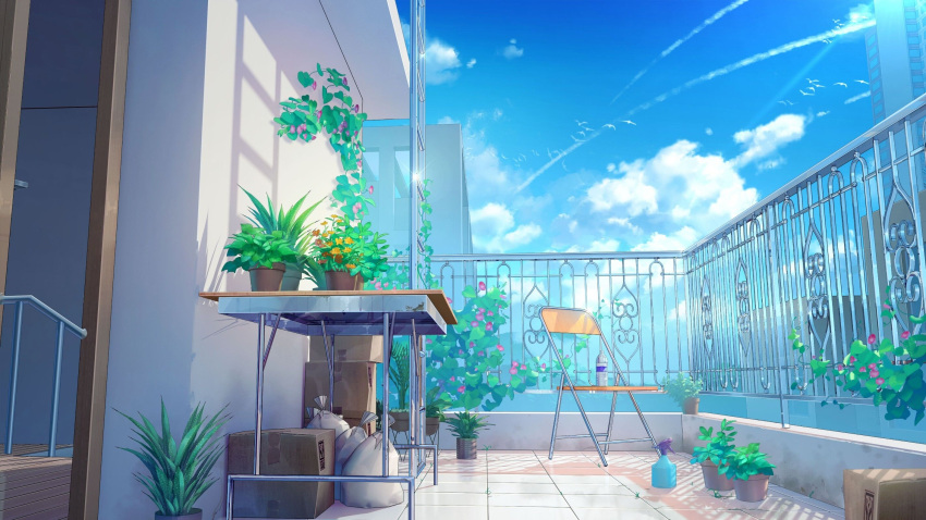 bag bird blue_sky bottle box building chair chinese_commentary city cityscape cloud commentary_request fence floor flower flower_pot flying forest highres ladder mountain nature no_humans original patio plant scenery shadow sky spray_bottle sunlight table water_bottle xingzhi_lv