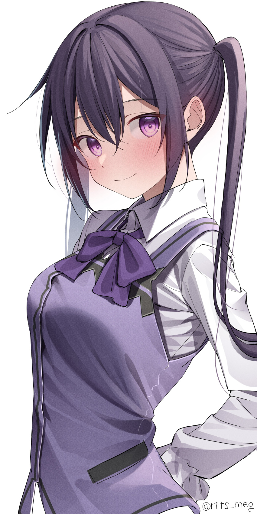 1girl absurdres blush bow bowtie closed_mouth collared_shirt commentary eyebrows_visible_through_hair gochuumon_wa_usagi_desu_ka? hair_between_eyes highres kawai_ritsu_(rits_meg) long_hair long_sleeves looking_at_viewer purple_bow purple_bowtie purple_eyes purple_hair purple_vest rabbit_house_uniform shirt simple_background smile solo tedeza_rize twintails twitter_username upper_body vest white_background white_shirt