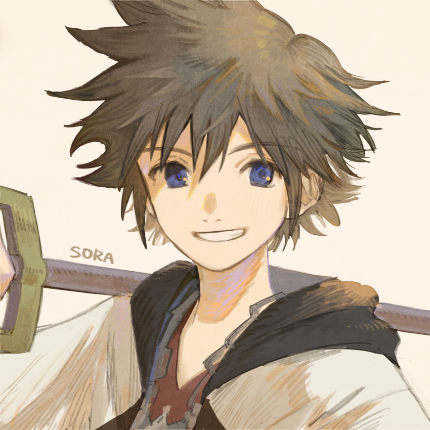 1boy bangs black_hair blue_eyes character_name eyebrows_visible_through_hair fujie-yz grin hair_between_eyes highres holding holding_weapon jacket keyblade kingdom_hearts male_focus over_shoulder portrait simple_background smile solo sora_(kingdom_hearts) spiked_hair weapon weapon_over_shoulder yellow_background