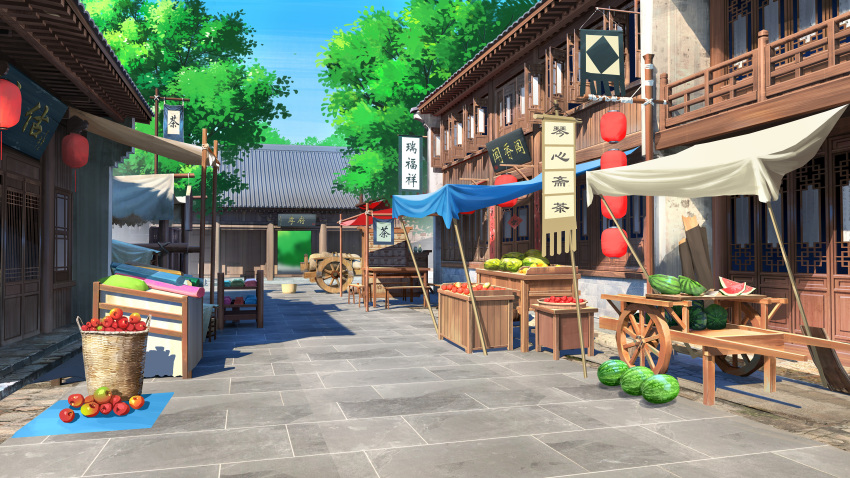 absurdres apple bag basket blue_sky carpet chair chinese_commentary chinese_text commentary_request entrance food fruit highres house lantern lemon market no_humans original path radish rice rooftop scenery sign sky summer table tomato tree wagon watermelon xingzhi_lv