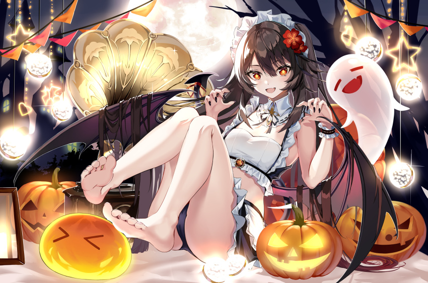 &gt;_&lt; 1girl :d alternate_costume apron arms_up augu_(523764197) bangs bare_shoulders barefoot bat_wings black_nails black_panties black_skirt breasts brown_hair claw_pose commentary decorations enmaided fang feet fingernails flower flower-shaped_pupils frills full_body full_moon genshin_impact ghost hair_flower hair_ornament halloween halloween_costume highres hu_tao_(genshin_impact) jack-o'-lantern long_hair looking_at_viewer maid maid_apron maid_headdress medium_breasts midriff moon moonlight nail_polish open_mouth orange_eyes panties phonograph red_flower revision shirt sitting skin_fang skirt slime_(genshin_impact) smile star_(symbol) symbol-shaped_pupils thighs underwear waist_apron white_apron white_shirt wings wrist_cuffs