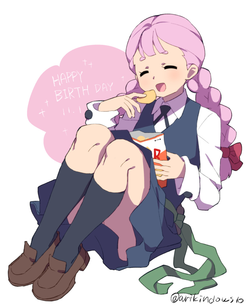 1girl :d arikindows10 artist_name blue_skirt braid chips closed_eyes collared_shirt eating food hair_ribbon happy_birthday highres holding holding_food jasminka_antonenko knees_up little_witch_academia long_hair long_sleeves luna_nova_school_uniform open_mouth pleated_skirt potato_chips purple_hair ribbon school_uniform shirt simple_background sitting skirt smile solo twin_braids twintails twitter_username vest white_background white_shirt witch