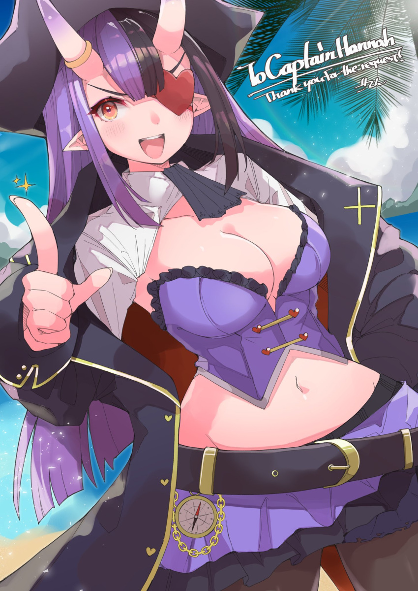 1girl artist_name ascot bangs belt black_ascot black_belt black_coat black_headwear breasts captain_hannah character_name cleavage coat collarbone commentary compass english_commentary eyebrows_visible_through_hair eyepatch fingernails goten_(510gensoku) hat heart heart_eyepatch highres horn_ornament horn_ring horns indie_virtual_youtuber large_breasts long_hair long_sleeves looking_at_viewer midriff multicolored_hair navel oni_horns open_clothes open_coat open_mouth pantyhose pirate pirate_hat pointing pointing_at_viewer pointy_ears purple_hair purple_skirt red_eyes second-party_source shrug_(clothing) sidelocks skirt solo teeth thank_you tricorne virtual_youtuber