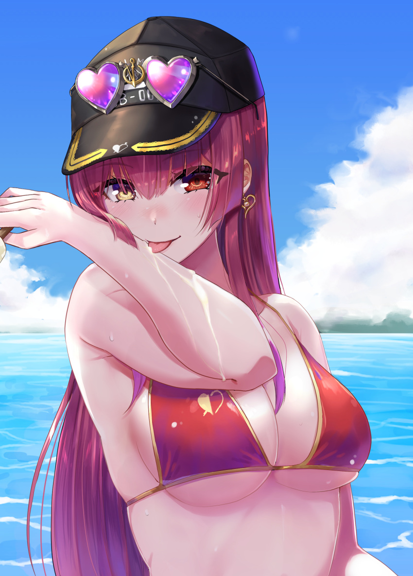 1girl absurdres arm_up armpit_crease arrow_through_heart bangs bikini bikini_top black_headwear blue_sky blush breasts cloud cloudy_sky commentary_request day eyebrows_visible_through_hair eyelashes eyewear_on_head food food_on_body gold_trim gradient_hair hair_between_eyes hat heterochromia highres holding hololive houshou_marine ice_cream ice_cream_cone large_breasts licking long_hair looking_at_viewer multicolored_hair ocean official_alternate_costume ooike_teru outdoors purple_hair red_eyes red_hair shiny shiny_hair shiny_skin sideboob skindentation sky solo suggestive_fluid swimsuit tongue tongue_out underboob upper_body virtual_youtuber wet yellow_eyes