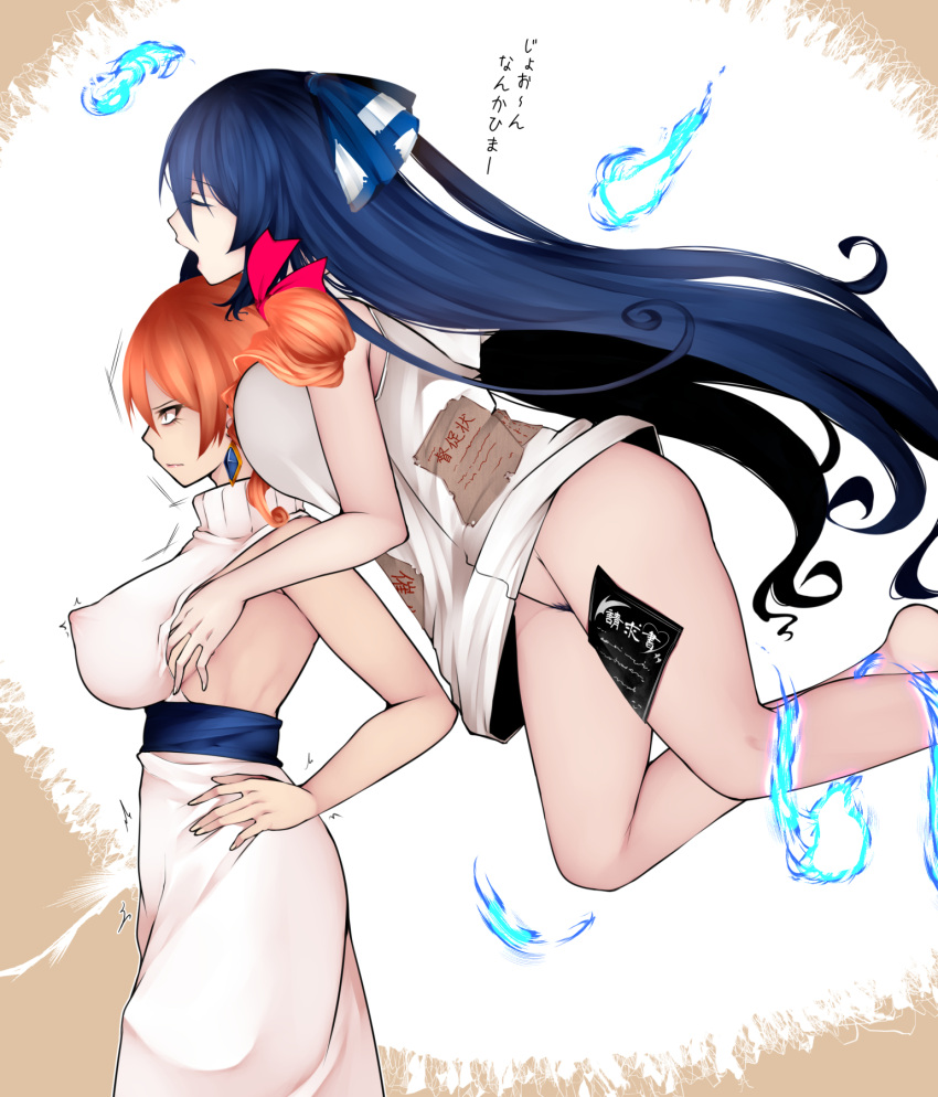 2girls adapted_costume alternate_costume angry aoshima bare_back blue_hair bow breasts covered_nipples debt dress drill_hair earrings floating hair_bow hands_on_hips high_collar highres jewelry large_breasts long_hair multiple_girls no_hat no_headwear ofuda orange_eyes orange_hair pubic_hair ribbon sleeping sleepwalking sleeveless touhou translation_request twin_drills white_background white_dress yorigami_jo'on yorigami_shion