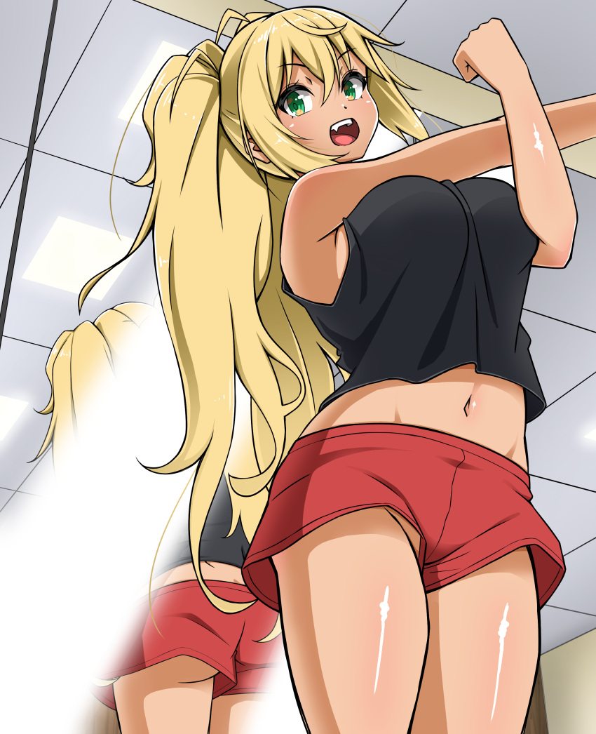 1girl absurdres ass black_tank_top blonde_hair breasts dark_skin dumbbell_nan_kilo_moteru? fang green_eyes groin highres indoors large_breasts long_hair midriff mirror navel no_panties open_mouth red_shorts reflection sakura_hibiki short_shorts shorts smile solo stretch tan tank_top thighs toukaaa twintails upshorts very_long_hair