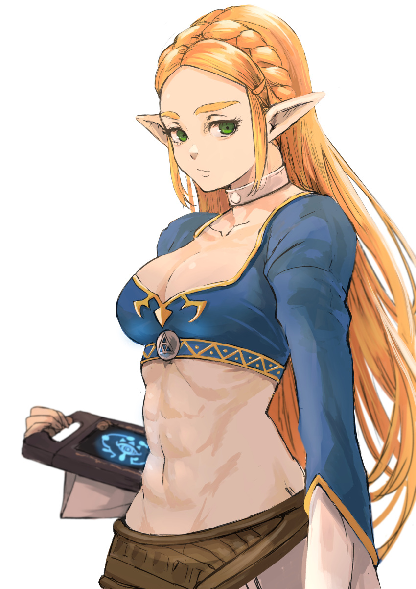 1girl 6maker abs absurdres blonde_hair blue_shirt braid breasts choker cleavage closed_mouth commentary cowboy_shot expressionless green_eyes highres holding long_hair long_sleeves looking_at_viewer medium_breasts midriff muscular muscular_female pointy_ears princess_zelda sheikah_slate shirt sidelocks simple_background standing the_legend_of_zelda the_legend_of_zelda:_breath_of_the_wild triforce_print white_background
