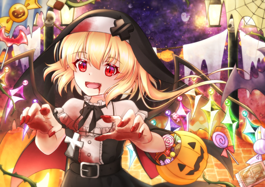 1girl absurdres alternate_costume arms_up bat belt black_headwear black_neckwear black_ribbon blonde_hair blood blood_from_mouth blood_on_hands buckle candy chocolate cross crystal decorations eyebrows_visible_through_hair fangs fingernails flandre_scarlet food halloween halloween_bucket halloween_costume highres lantern lollipop looking_at_viewer nail_polish nun open_mouth plant red_eyes red_nails ribbon rina_sukareltuto sharp_fingernails side_ponytail slit_pupils solo standing touhou upper_body utility_pole vines wings