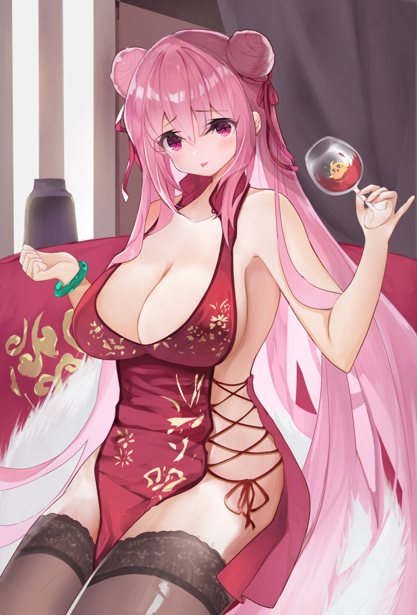 1girl alcohol azur_lane breasts brown_legwear china_dress chinese_clothes cleavage cup double_bun dress drinking_glass eyebrows_visible_through_hair feather_boa highres holding holding_cup la_galissonniere_(azur_lane) la_galissonniere_(lush_spring_dreams)_(azur_lane) large_breasts long_hair looking_at_viewer manjuu_(azur_lane) official_alternate_costume pink_eyes pink_hair print_dress red_dress red_wine revealing_clothes senzen_(ikusamae) side-tie_dress sleeveless sleeveless_dress solo thighhighs very_long_hair wine wine_glass