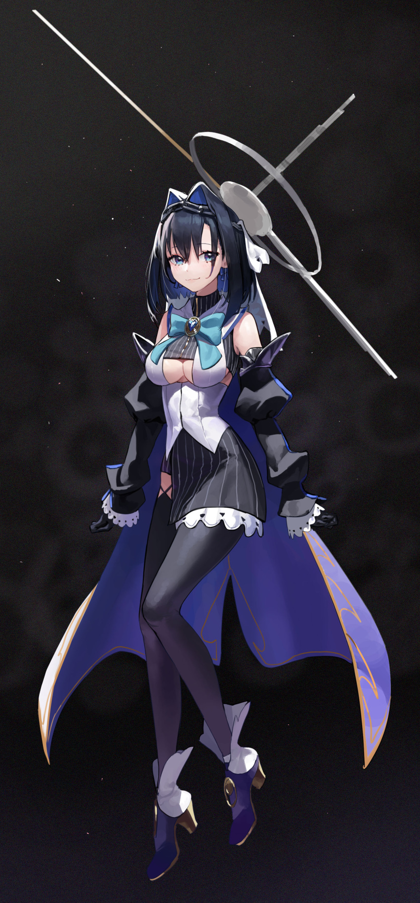 1girl :3 absurdres black_background black_gloves black_hair black_legwear black_skirt black_sleeves blue_bow blue_bowtie blue_eyes blue_footwear bow bowtie breasts cape cleavage cleavage_cutout closed_mouth clothing_cutout commentary detached_sleeves english_commentary full_body gloves hair_intakes high_heels highres hololive hololive_english juliet_sleeves large_breasts light_blush long_sleeves looking_at_viewer mac_star medium_hair ouro_kronii puffy_sleeves purple_cape shirt skirt sleeveless sleeves_past_wrists smile solo star_(sky) striped striped_skirt thighhighs virtual_youtuber white_shirt