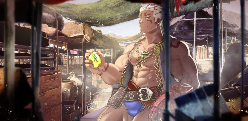 1boy abashiri_(abasirisippo) abs another_eidos-r bara bare_pectorals bare_shoulders belt brown_belt bulge clothing_cutout crotchless crotchless_pants dark_skin earrings facial_hair facial_mark feet_out_of_frame highres jewelry large_pectorals looking_at_viewer male_focus mature_male multicolored_hair muscular muscular_male necklace nipples pants pectorals red_hair sheals_(another_eidos) short_hair sideburns sleeveless solo stomach streaked_hair stubble thick_thighs thigh_cutout thighs