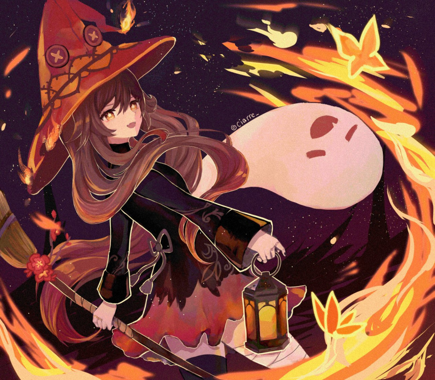 1girl :d alternate_costume back_bow bandaged_leg bandages black_legwear black_nails bow broom brown_eyes brown_hair bug butterfly ciarre dark english_commentary fangs fingernails fire flower-shaped_pupils genshin_impact ghost halloween halloween_costume hat holding holding_broom holding_lantern hu_tao_(genshin_impact) lantern long_hair long_sleeves looking_at_viewer looking_back nail_polish night open_mouth single_thighhigh smile standing symbol-shaped_pupils thighhighs twitter_username upper_body witch_hat