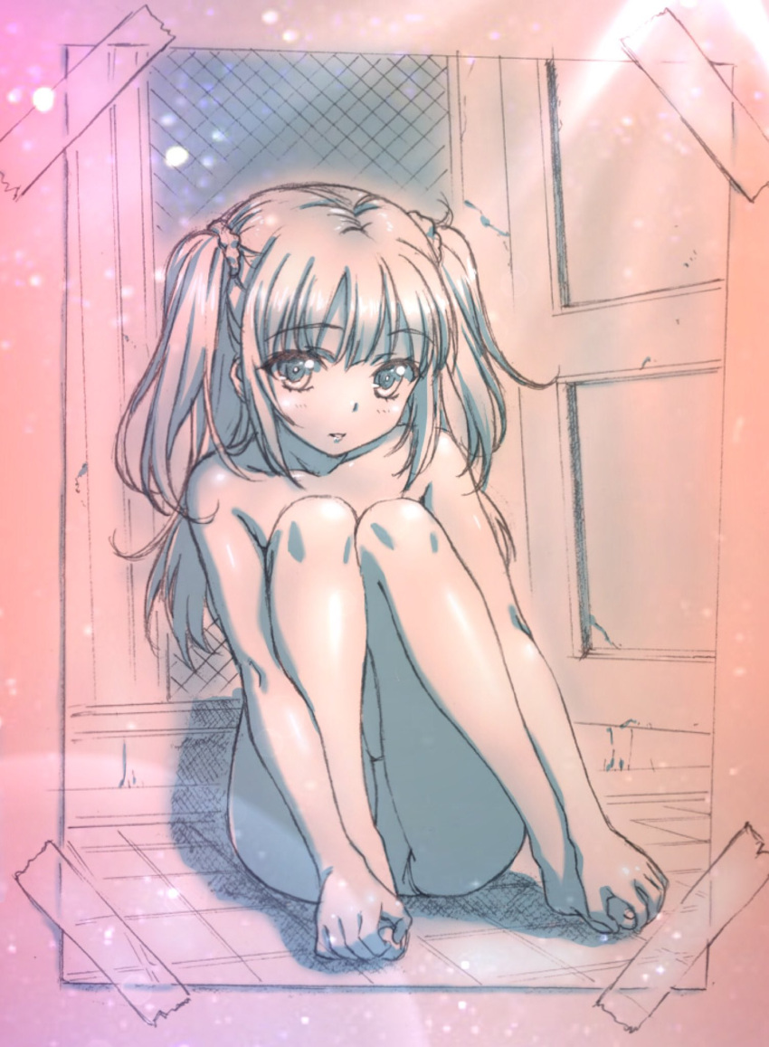 1girl bare_shoulders barefoot boku_wa_tomodachi_ga_sukunai commentary_request eyebrows_visible_through_hair full_body hair_ornament hair_scrunchie hasegawa_kobato highres holding_own_foot lens_flare light_particles long_hair looking_at_viewer monochrome panties parted_lips scrunchie shiny shiny_skin sitting solo topless two_side_up underwear underwear_only watanabe_yoshihiro