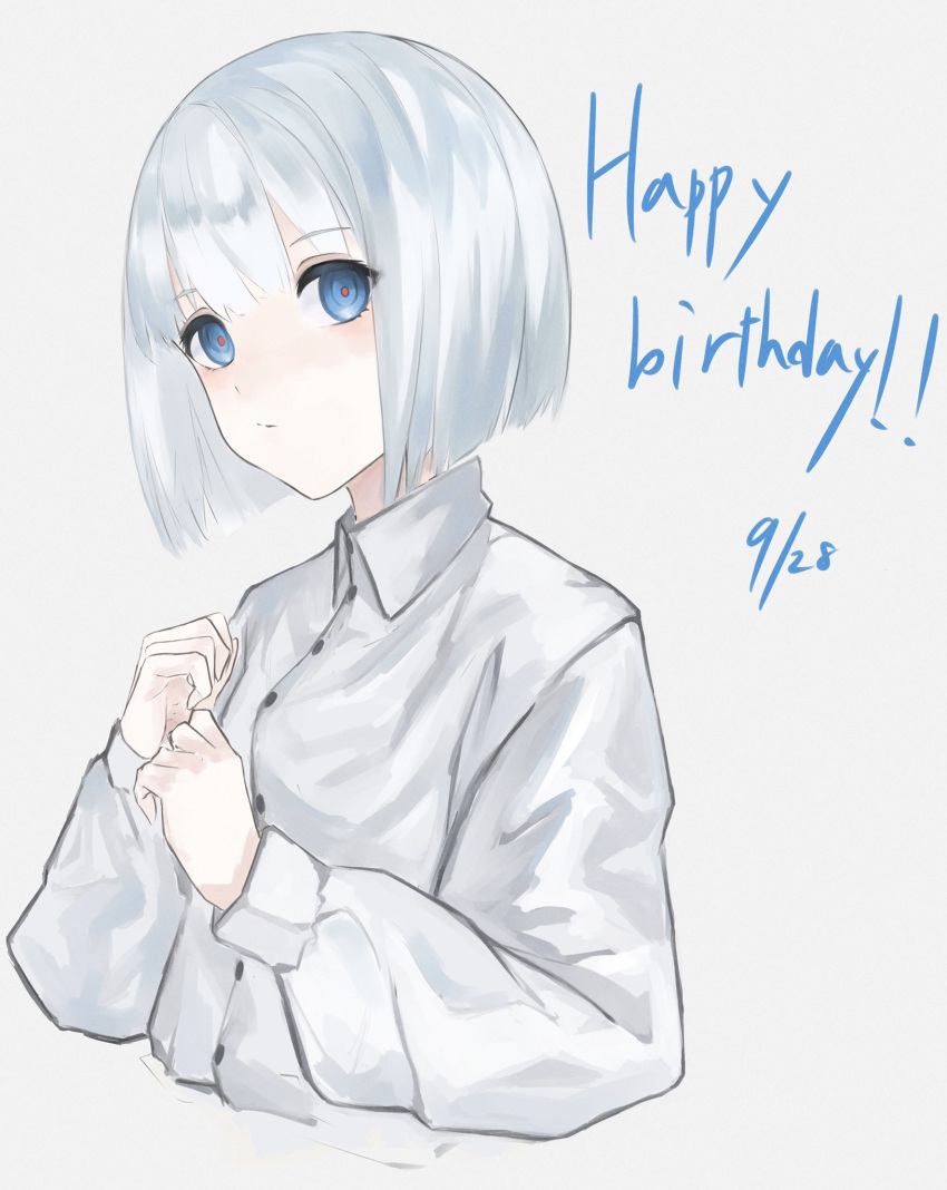 1girl blue_eyes bob_cut closed_mouth collared_shirt commentary_request dress_shirt grey_background happy_birthday highres long_sleeves looking_at_viewer niconico red_pupils shirt short_hair simple_background solo suimin_(sui_0y0) tsugu_(singer) upper_body utaite_(singer) white_hair white_shirt
