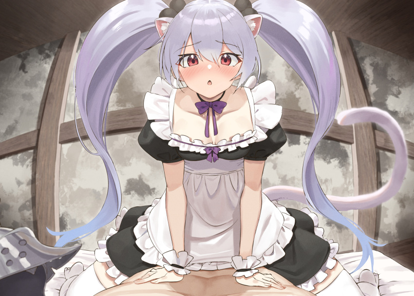 1boy 1girl alternate_costume animal_ears apron blush breasts cat_ears cat_tail commission enmaided fake_animal_ears guardian_tales helmet highres long_hair looking_at_viewer maid multicolored_hair necromancer_noxia open_mouth red_eyes riding sitting sitting_on_person small_breasts solo_focus tail twin_(tt_lsh) twintails white_legwear