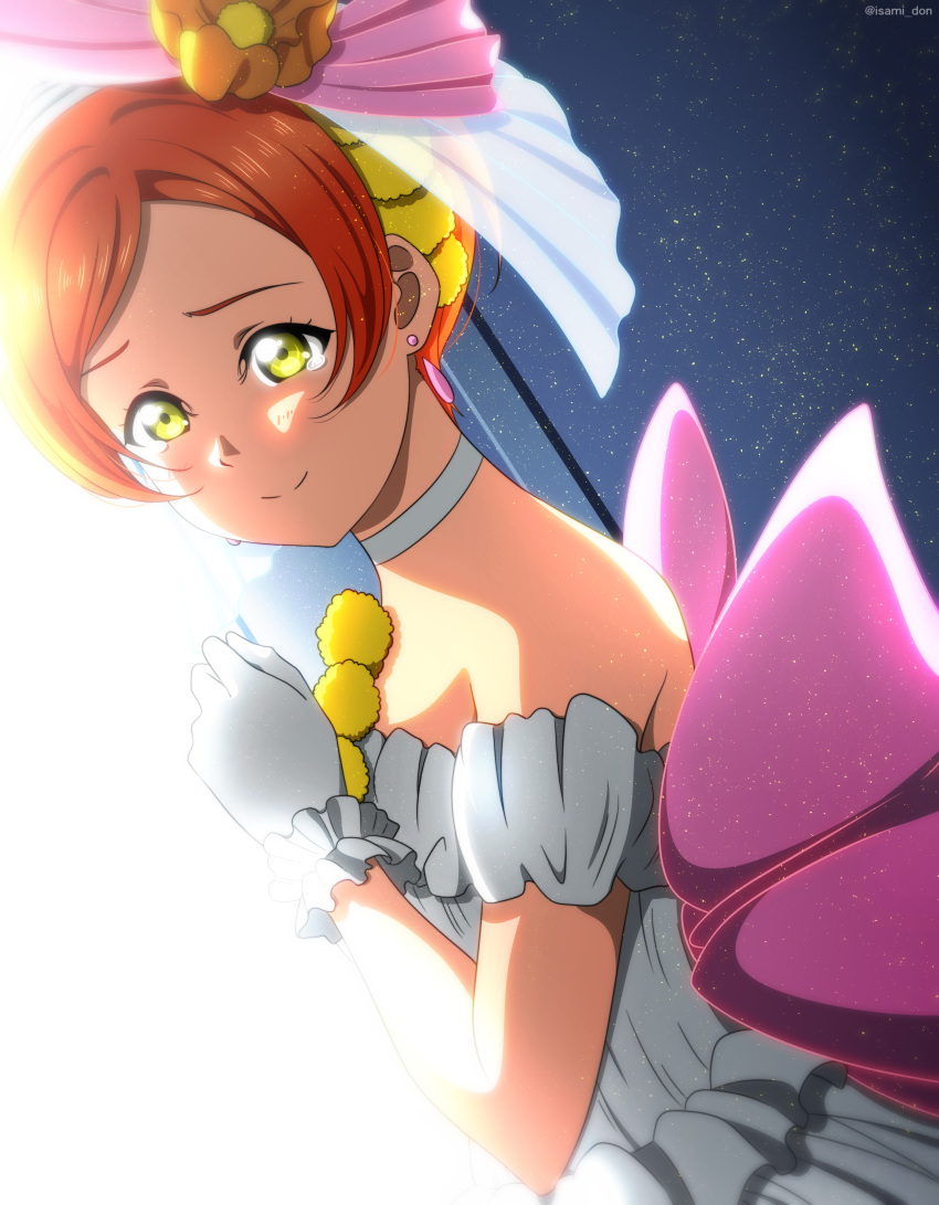 1girl absurdres choker closed_mouth commentary_request dress earrings flower gloves hair_flower hair_ornament hand_up highres hoshizora_rin isami_don jewelry love_live! love_live!_school_idol_project love_wing_bell off-shoulder_dress off_shoulder orange_eyes orange_hair smile solo tearing_up upper_body white_choker white_dress white_gloves yellow_eyes