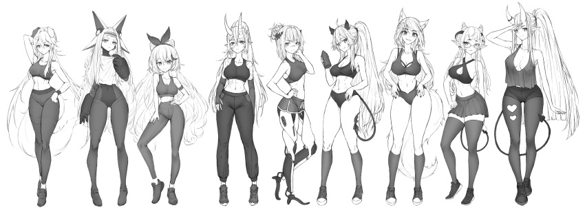 6+girls absurdres akumi_(yoclesh) alternate_costume android animal_ears arm_behind_head armpit_peek bangs bare_shoulders bodysuit bracelet breasts captain_hannah cleavage clenched_hand clothing_cutout collarbone commentary demon_tail dog_ears dog_girl dog_tail dyarikku_(vtuber) english_commentary eyebrows_visible_through_hair fox_ears fox_girl greyscale gym_shorts hair_behind_ear hair_horns hair_ribbon hand_on_hip hands_on_hips head_tilt heart_cutout highres horn_ornament horn_ring horns indie_virtual_youtuber jewelry jin_grey_paladin large_breasts leggings long_hair long_pointy_ears looking_at_viewer looking_to_the_side mechanical_arms mechanical_legs medium_breasts midriff monochrome moon_(anntan) multiple_girls navel oni_horns open_hands open_mouth pants pantyhose plunging_neckline pointy_ears ponytail ribbon salute scar scar_on_arm scar_on_face shoes shorts sidelocks silvervale simple_background skirt smile sneakers sports_bra sweatpants tail tank_top the_cecile_(vtuber) thighhighs tied_hair vei_(vtuber) very_long_hair virtual_youtuber vshojo white_background yakitsuki_(vtuber) yoga_pants yuniiho_(vtuber)