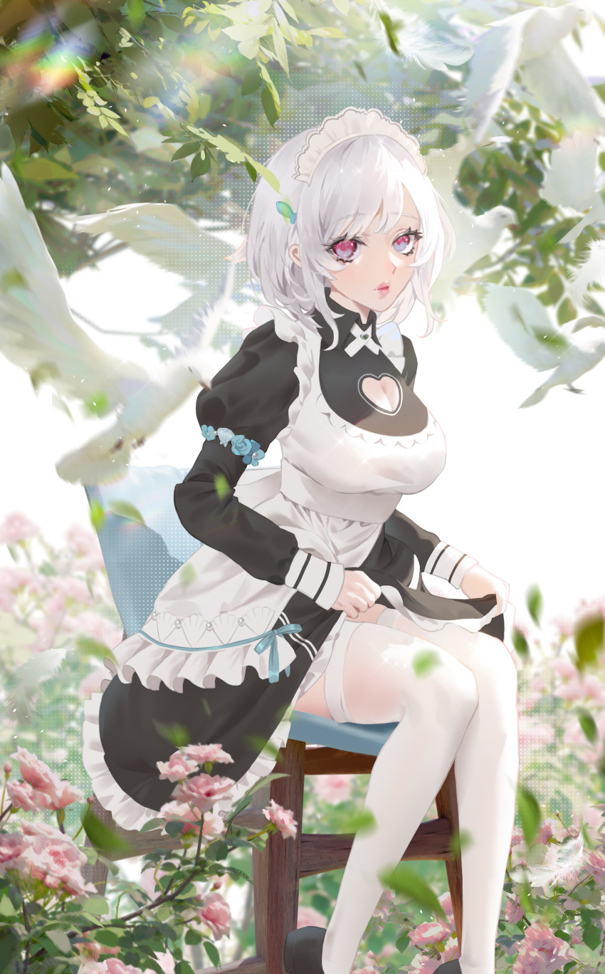 1girl absurdres apron bangs bird black_dress borrowed_character chair cirilla_lin cleavage_cutout clothing_cutout collared_dress commentary_request day dove dress field fish_hair_ornament flower flower_field hair_ornament heart_cutout highres juliet_sleeves long_sleeves looking_at_viewer maid maid_apron maid_headdress nacchan_(ohisashiburi) original outdoors pink_flower puffy_sleeves red_eyes red_lips revision short_hair sitting skirt_hold solo thighhighs tree white_apron white_hair white_legwear