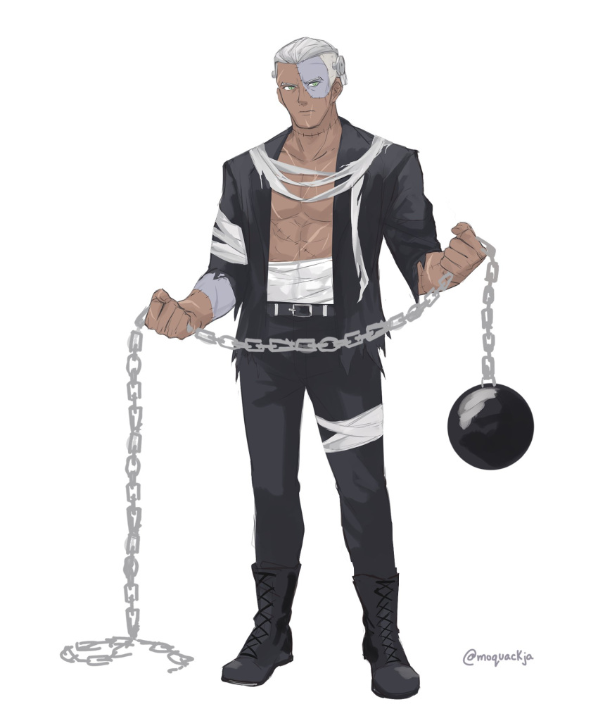 1boy alternate_costume boots chain dark-skinned_male dark_skin dedue_molinaro fire_emblem fire_emblem:_three_houses green_eyes grey_hair halloween halloween_costume highres male_focus moja_(moquackja) muscular muscular_male open_clothes scar scar_on_face short_hair solo stitches very_short_hair white_background