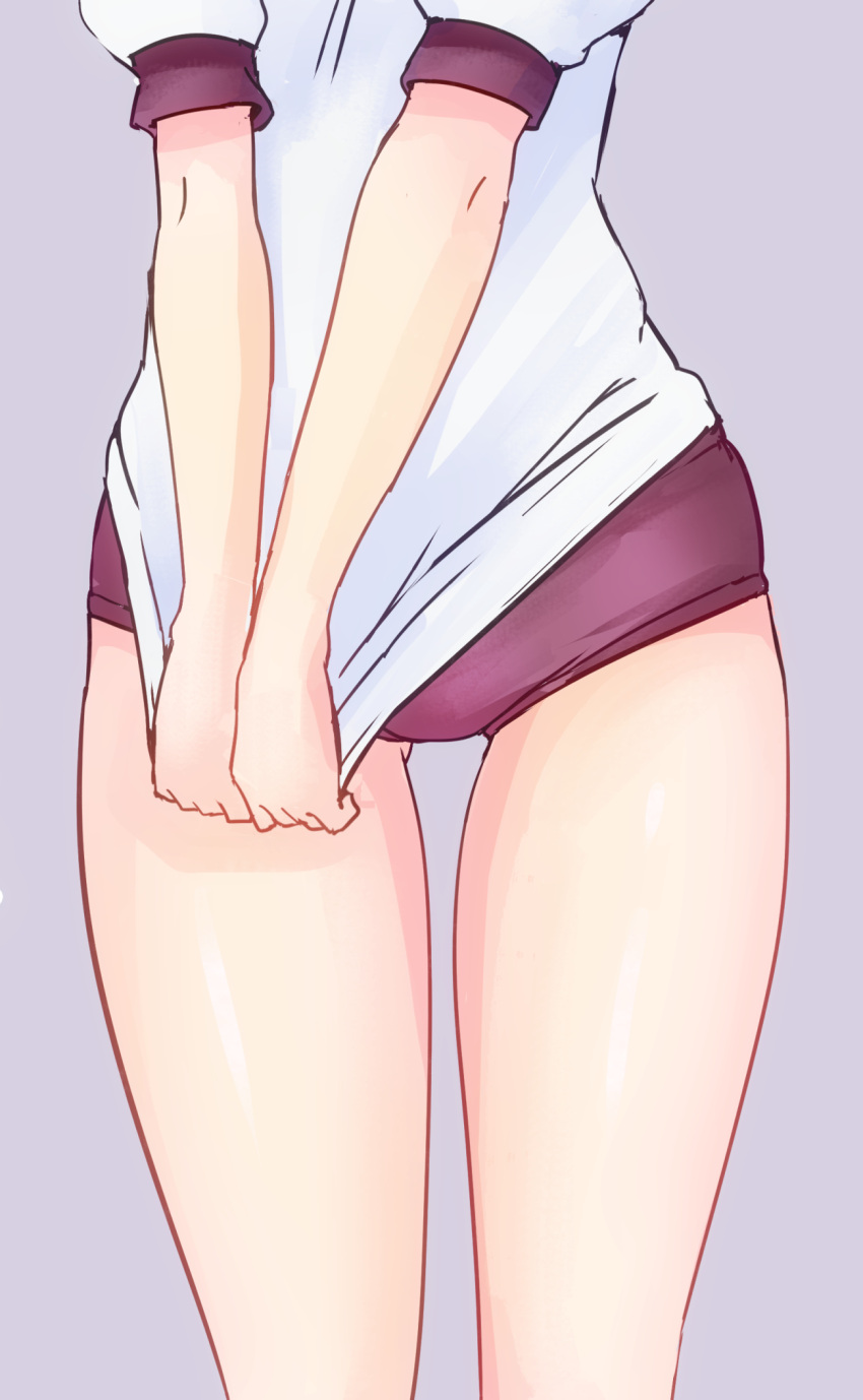 1girl alice_gear_aegis ass_visible_through_thighs buruma close-up clothes_pull gym_uniform head_out_of_frame highres lower_body mikuraza_azuki pulled_by_self purple_background purple_buruma rasen_manga shirt shirt_pull shirt_tug short_sleeves simple_background solo thigh_gap thighs white_shirt