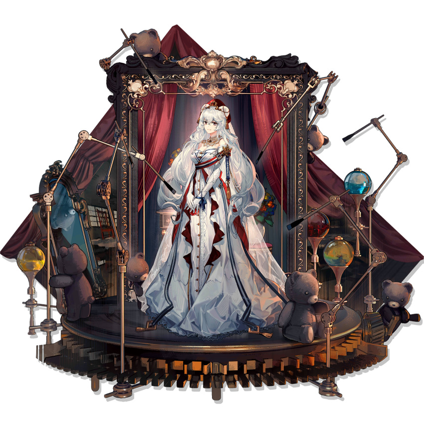 1girl animal_ears arknights bare_shoulders bear_ears beret breasts chair dress full_body gears gloves hat highres jewelry large_breasts long_dress long_hair mirror necklace off-shoulder_dress off_shoulder official_alternate_costume official_art orb red_curtains red_headwear rosa_(arknights) rosa_(masterpiece)_(arknights) skade solo stage standing stuffed_animal stuffed_toy teddy_bear transparent_background very_long_hair watermark wavy_hair white_dress white_gloves white_hair
